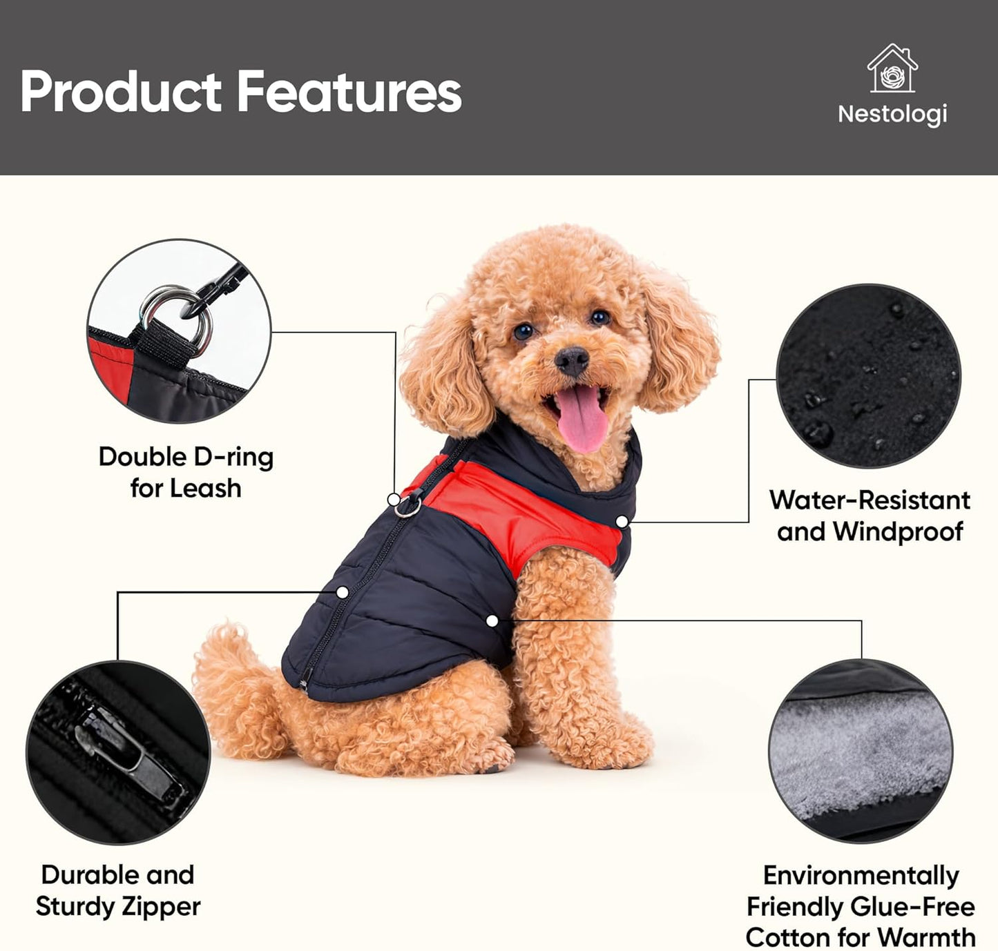 Dog Weatherproof All Weather Winter Coat, Blue/Black Solid Thermal Cotton Vest, Warm Harness Jacket, Lightweight Portable Cold Wet Weather Dog Apparel for Small Medium Dogs