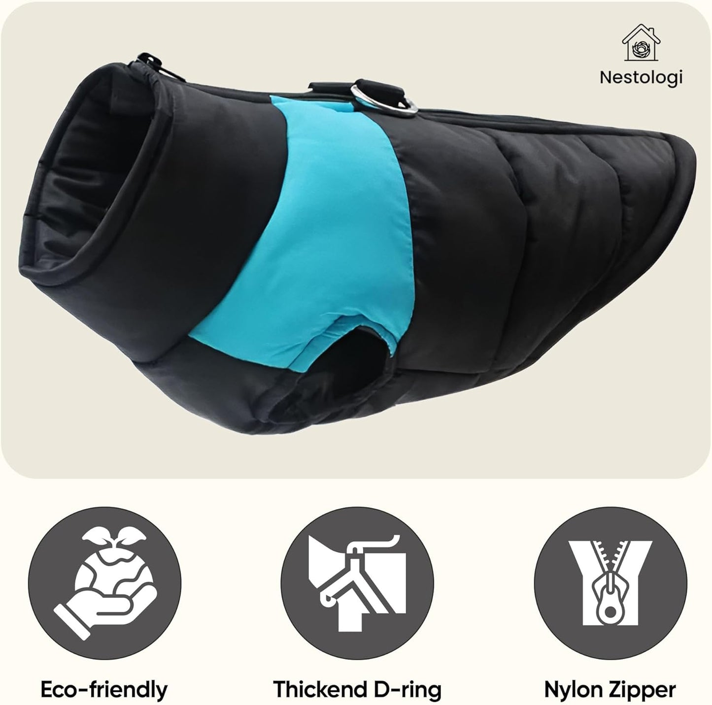 Dog Weatherproof All Weather Winter Coat, Blue/Black Solid Thermal Cotton Vest, Warm Harness Jacket, Lightweight Portable Cold Wet Weather Dog Apparel for Small Medium Dogs