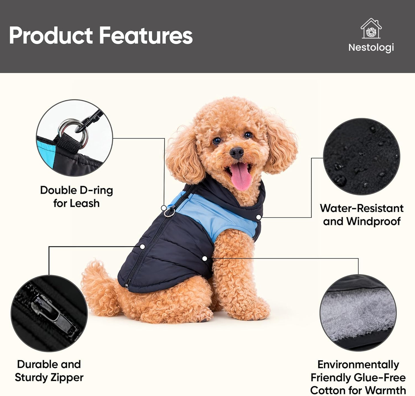 Dog Weatherproof All Weather Winter Coat, Blue/Black Solid Thermal Cotton Vest, Warm Harness Jacket, Lightweight Portable Cold Wet Weather Dog Apparel for Small Medium Dogs
