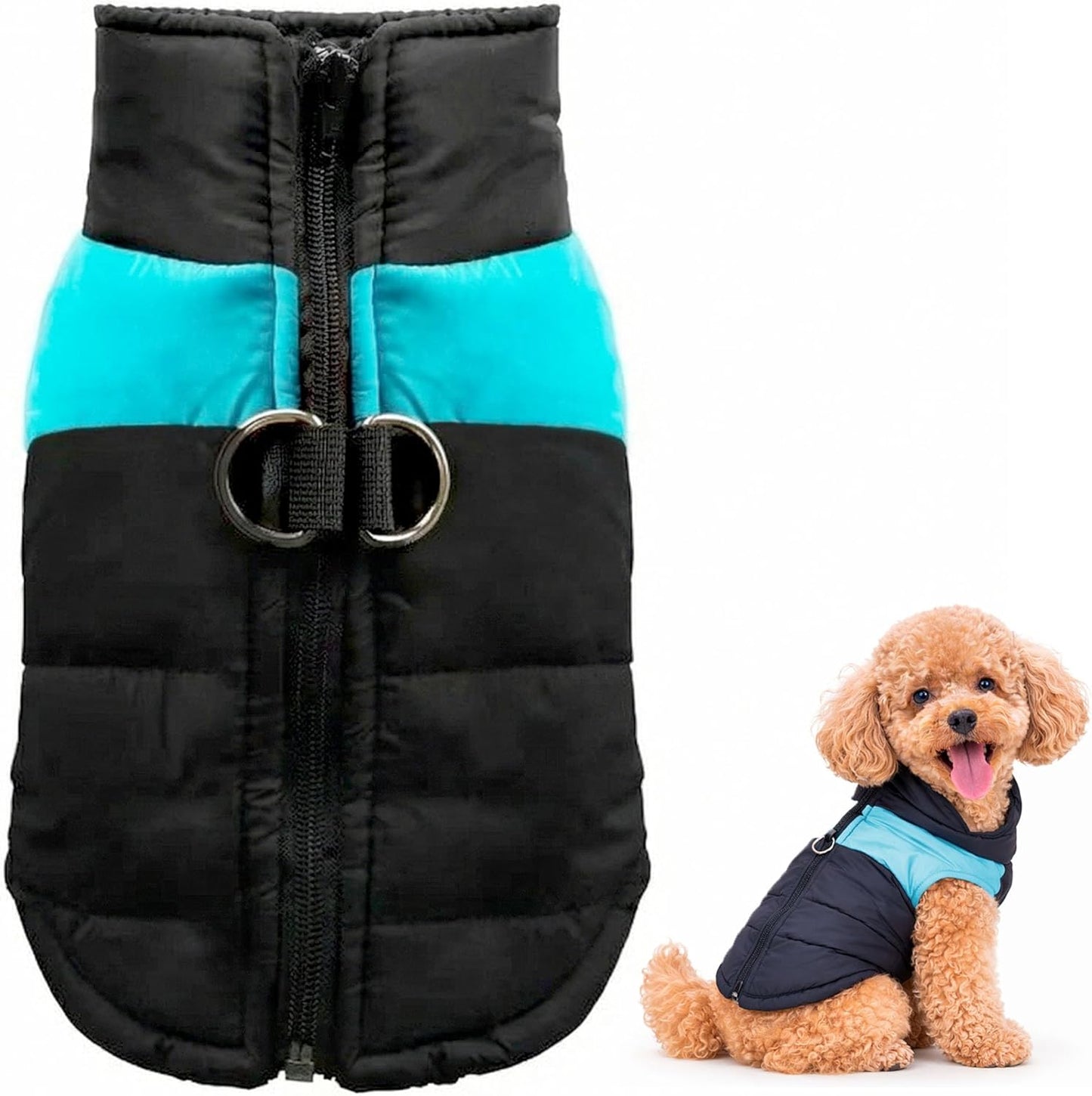 Dog Weatherproof All Weather Winter Coat, Blue/Black Solid Thermal Cotton Vest, Warm Harness Jacket, Lightweight Portable Cold Wet Weather Dog Apparel for Small Medium Dogs