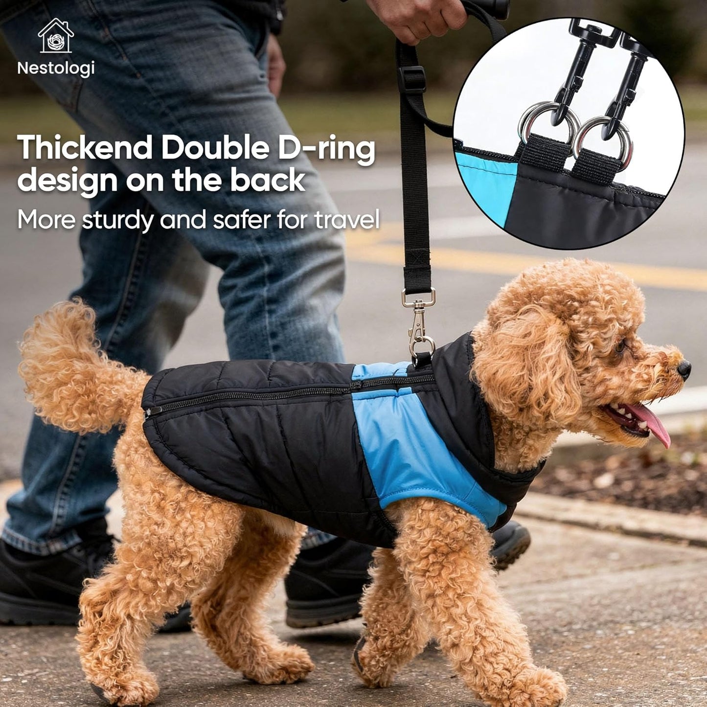 Dog Weatherproof All Weather Winter Coat, Blue/Black Solid Thermal Cotton Vest, Warm Harness Jacket, Lightweight Portable Cold Wet Weather Dog Apparel for Small Medium Dogs